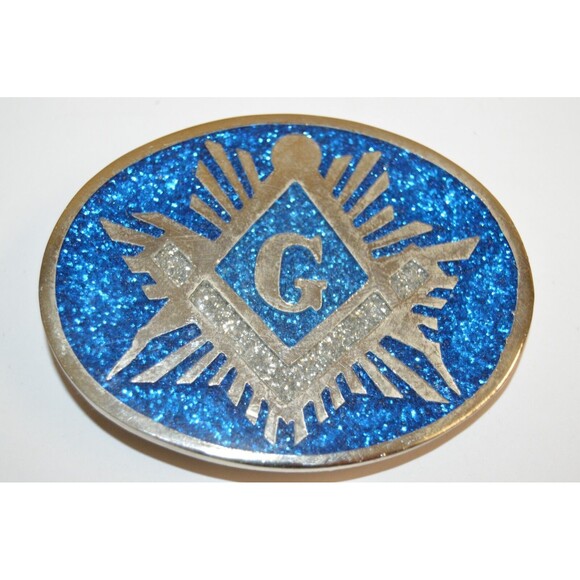 NICE Vintage Beautiful Inlaid Freemasons Compass Blue Solid Belt Buckle Rare - Picture 3 of 7